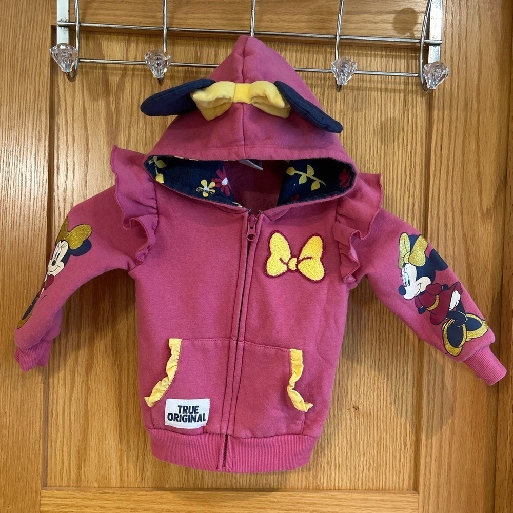 Disney Minnie Mouse Pink Ruffle‎ Zip Up Hoodie with Ears and Bow Toddler 2T